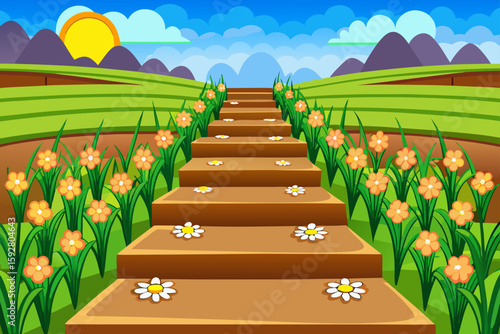 Cartoon Rice Field With Flower Patches Between Steps