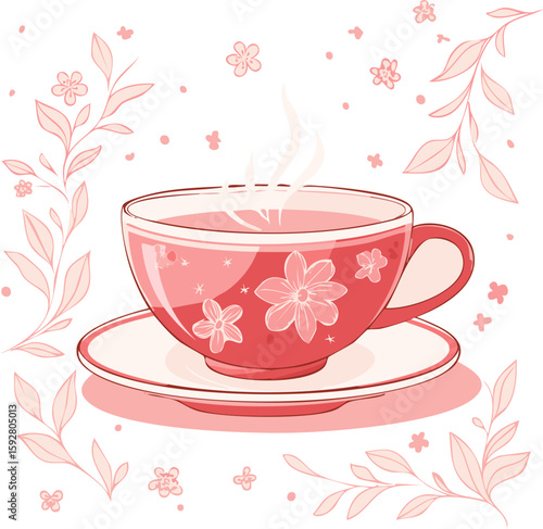 Vintage style teacup illustration with floral pattern, red line art on a soft pink background. Minimal and cozy design, perfect for tea-themed prints, stickers, or decor