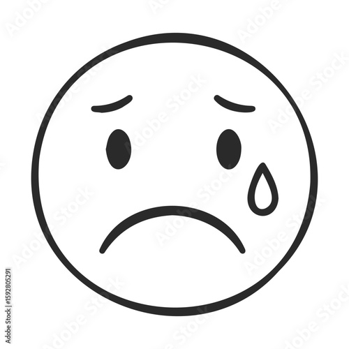 Sad face emoji with tear drawing in black and white