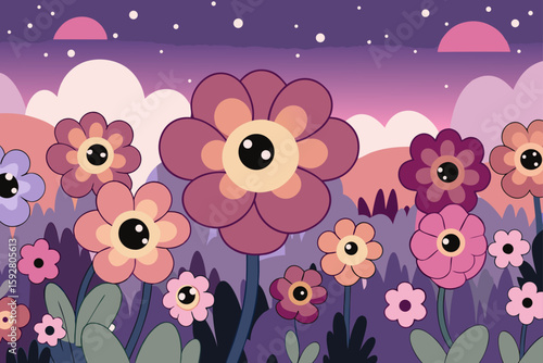 Flat Cartoon Flower Meadow At Twilight With Soft Pink Hues