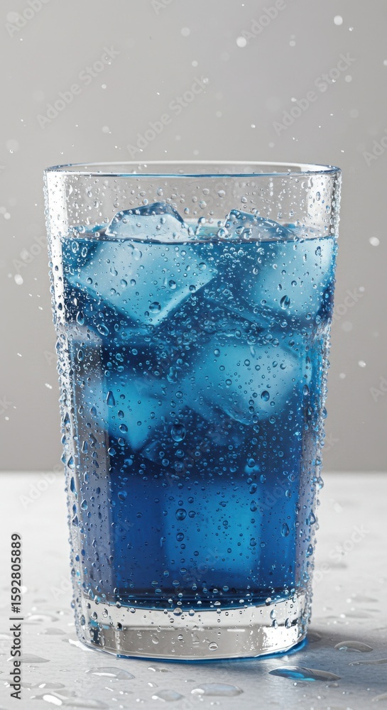 Refreshing blue beverage with ice cubes in glass on light background Refreshing blue beverage with ice cubes in glass on light background