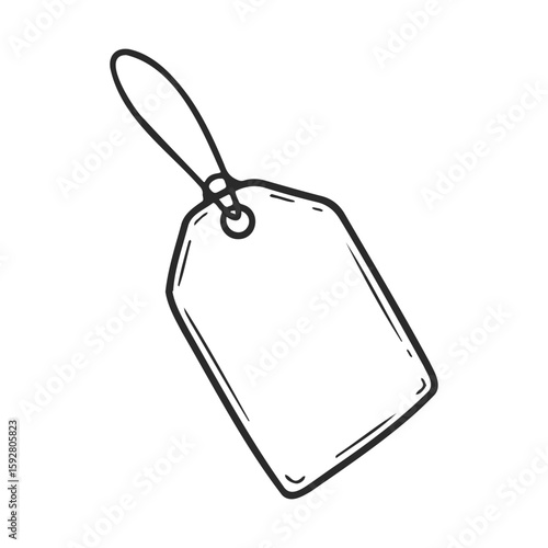 Simple black and white sketch of a blank luggage tag with string attachment