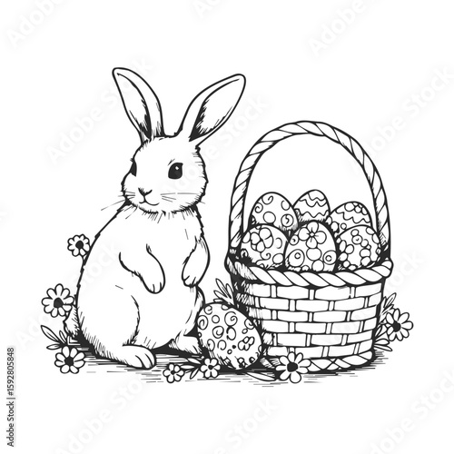 Adorable bunny with easter basket and eggs outline illustration