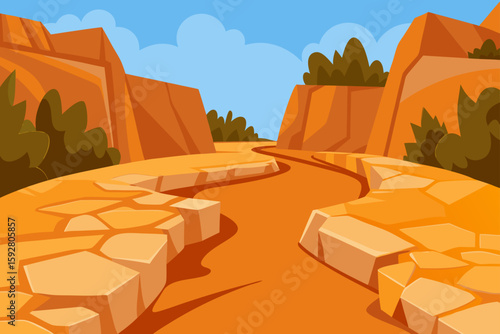 Flat Dry Canyon Trail With Broken Stone Texture And Overhang