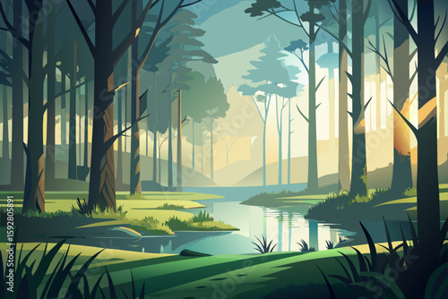 Flat Foggy Forest Glade With Diffused Sunlight And Wet Ground