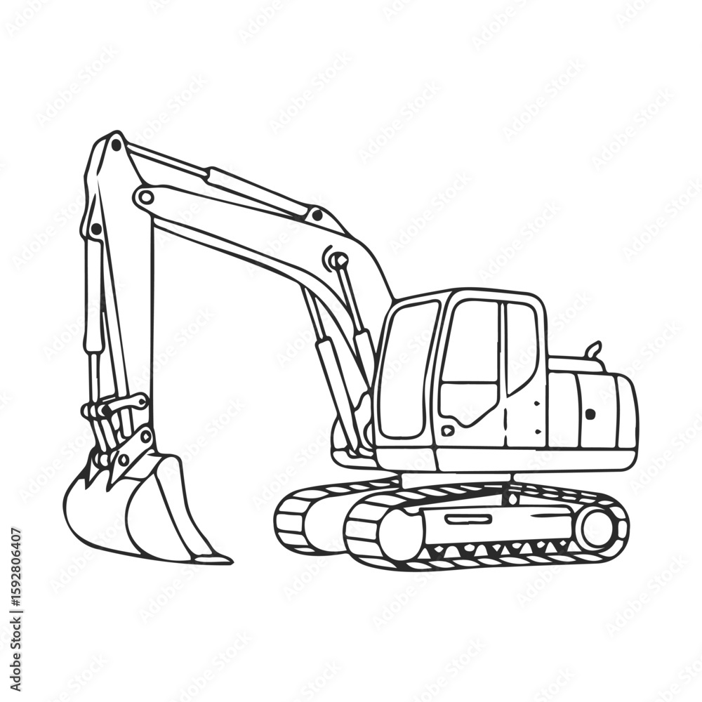 Naklejka premium Detailed outline of a construction excavator with tracks and large arm for heavy machinery projects