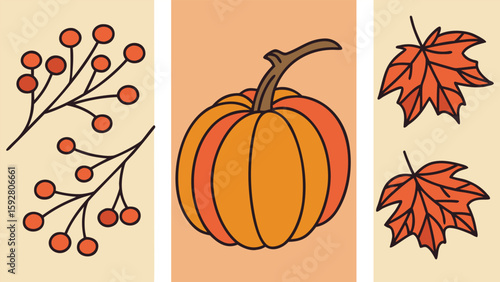 Autumnal Harvest Elements Orange Pumpkin Maple Leaves Berries fall seasonal