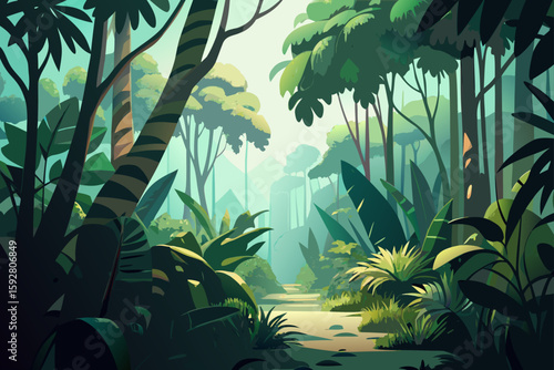 Flat Style Jungle Clearing With Large Leafy Plants