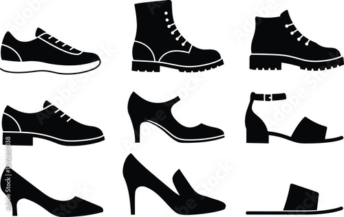 Collection of diverse shoe silhouettes in various styles isolated on white background