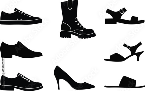 Collection of diverse footwear icons presented as a black silhouette isolated on white background perfect for graphic design projects