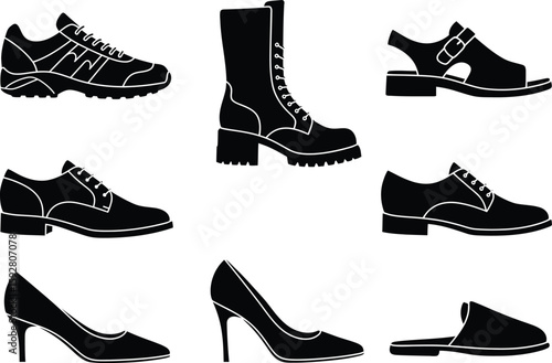 Collection of diverse shoe silhouettes in vector format isolated on white background