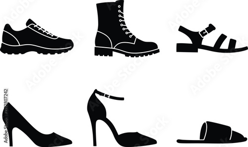 Collection of diverse footwear icons representing various shoe styles and types presented as a silhouette isolated on white background