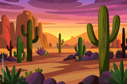 Vector Cactus Valley At Twilight With Glowing Warm Tones