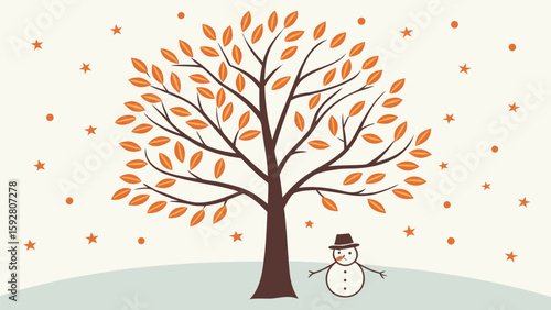 Autumnal Tree And Snowman With Stars winter fall