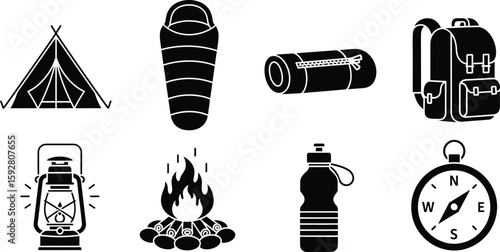 Collection of camping and outdoor adventure vector icons in a silhouette style isolated on white background