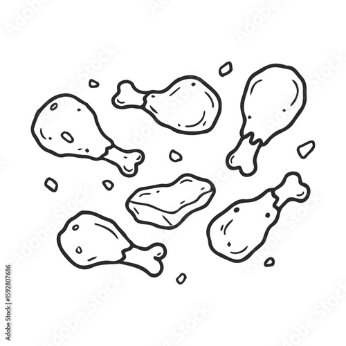 Hand-drawn chicken drumsticks and meat cuts sketch with cooked details