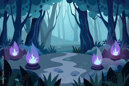 Vector Dark Forest Glade With Glowing Leaf Tips And Ferns