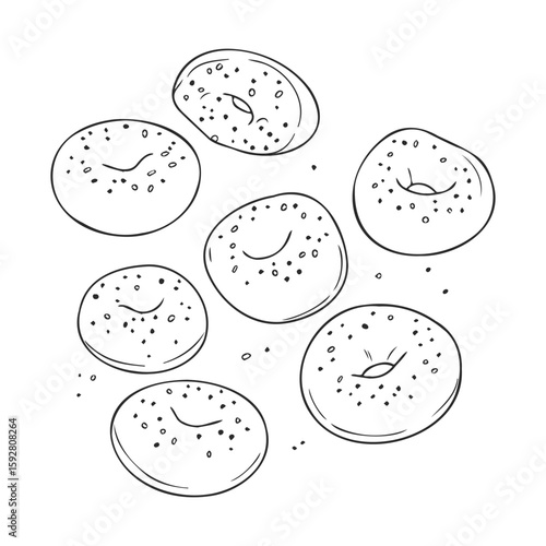 Hand-drawn black and white bagels with poppy seeds illustration