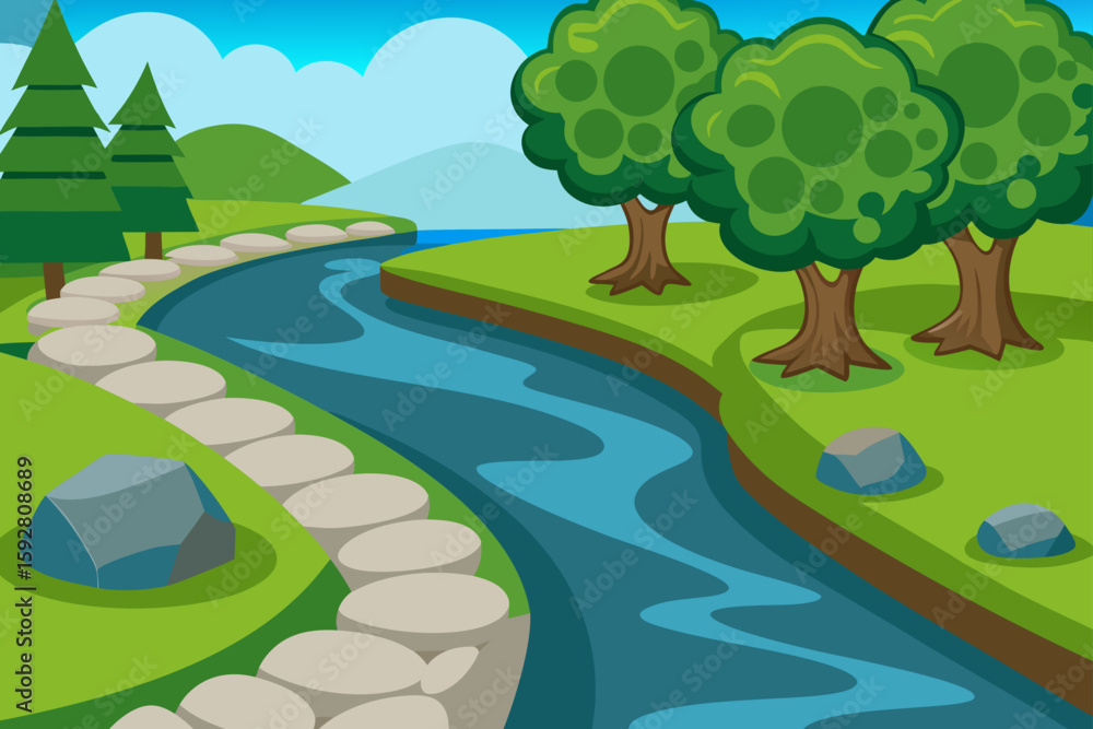 Obraz premium Vector Lakeside Stone Path With A Curved Grass Slope