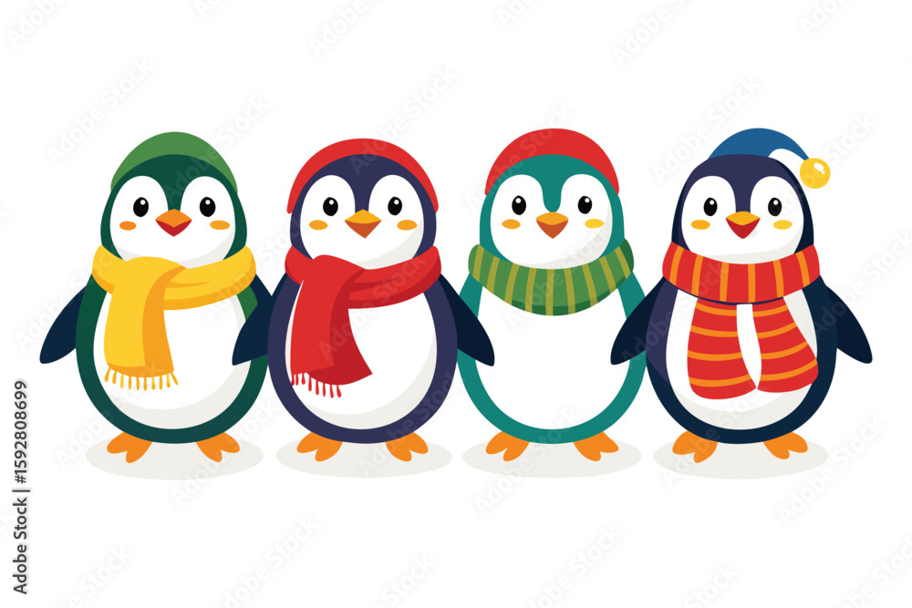 Fototapeta premium Four cute penguins wearing colorful winter scarves and hats