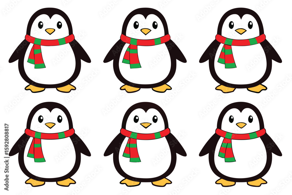Fototapeta premium Six cartoon penguins wearing red and green striped scarves