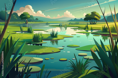 Vector Marshland With Green Algae Patches And Still Water