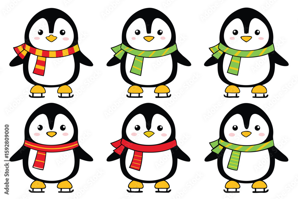 Fototapeta premium Six cute cartoon penguins wearing colorful scarves and ice skates