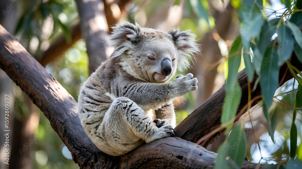Fototapeta premium Peaceful Koala Resting on Tree Branch in Eucalyptus Forest