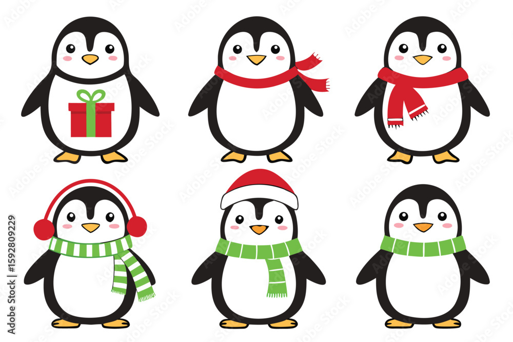 Fototapeta premium Six cute penguins in winter attire and a gift animal