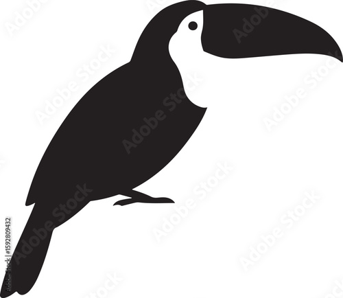 Silhouette of a Toucan in Profile, an eye-catching tropical bird illustration in bold black and white, ideal for nature-themed designs