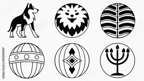 Black and white icons of dog lion leaf globe diamond and menorah dog icon lion icon