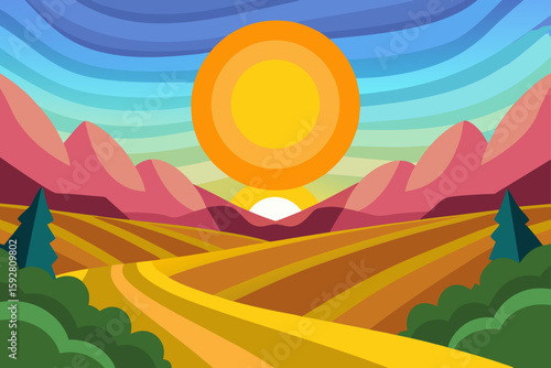 Vector Sunrise Valley With Bloom Patches And Long Shadows