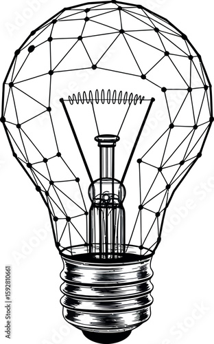 Black and white wireframe light bulb with internal filament and screw base invention idea