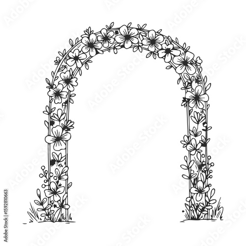 Intricate floral archway with blooming flowers and leaves