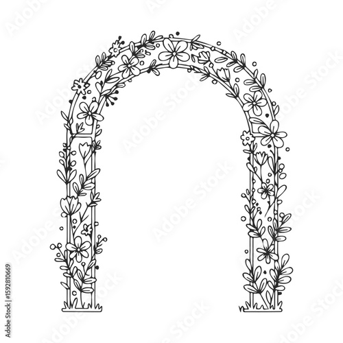 Hand-drawn floral arch with decorative flowers and leaves, simple line art design