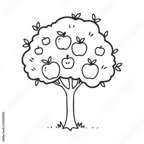Outline drawing of apple tree with full branches and leaves