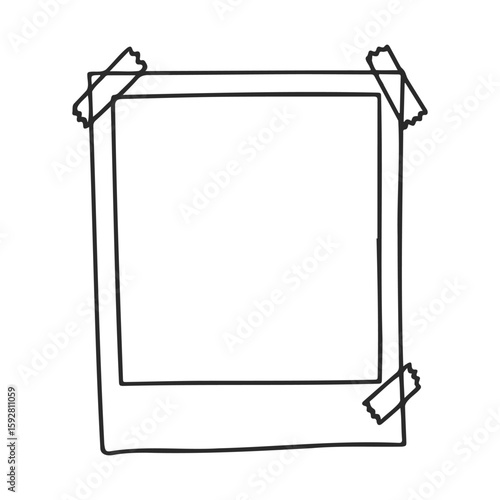 Hand-drawn polaroid frame with taped corners on white background