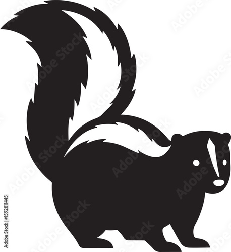 Black and White Skunk Silhouette with Detailed Furry Tail and Clear Markings, Bold Skunk Vector Image Featuring Fluffy Tail and Distinct White Stripes on Black Fur