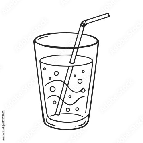 Soda glass with straw and fizzing bubbles - line art illustration