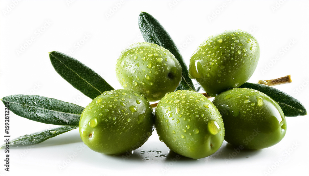 Obraz premium fresh green olives on branch with water droplets isolated