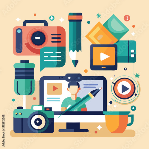 Creative illustration of video blogging and content creation elements in flat design style for modern digital marketing