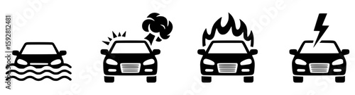 Black car icons depicting various damage scenarios flood smoke