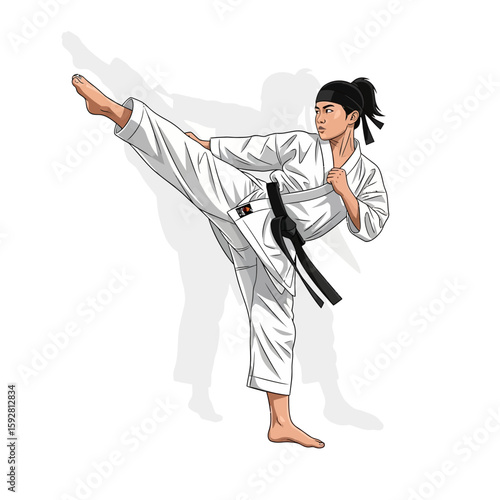 One barefoot boy in a karate kimono stands active, practicing a kick in martial arts training