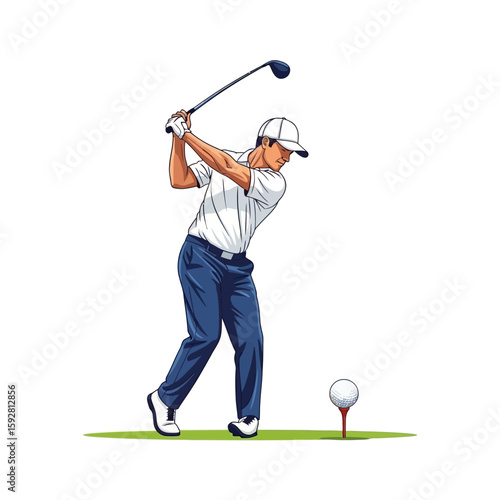 Cartoon vector illustration of a person playing golf, a golfer hitting the ball with a club