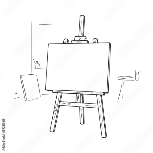 Blank canvas on easel in studio sketch with minimalist lines and artistic potential