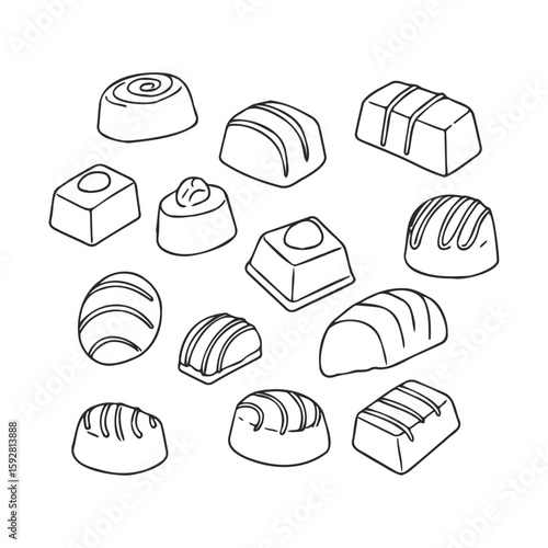 Assorted chocolate pralines drawing with varied patterns
