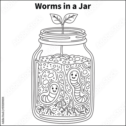 A clear view of a cartoon-style jar showing a cross-section of soil. Include two smiling worms wiggling through tunnels. Add roots, pebbles, and a small plant sprouting at the top.
