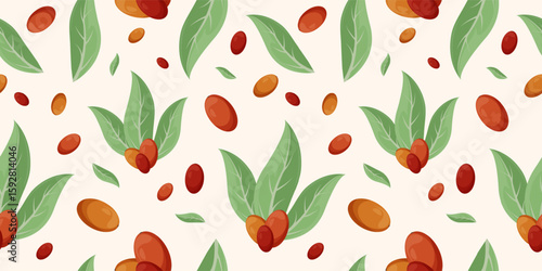 Pattern Illustration with Leaves and Coffee Beans. Seamless Background of the Coffee Plant and Its Fruits.