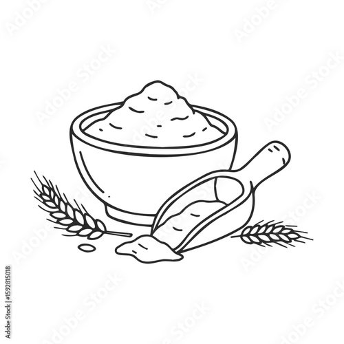 Hand drawn flour in bowl and scoop with wheat ears