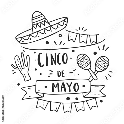 Cinco de mayo celebration with sombrero, cactus, maracas, and festive banners